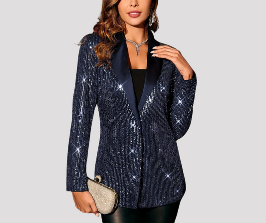 Blazer mi-long en satin à sequins bleus